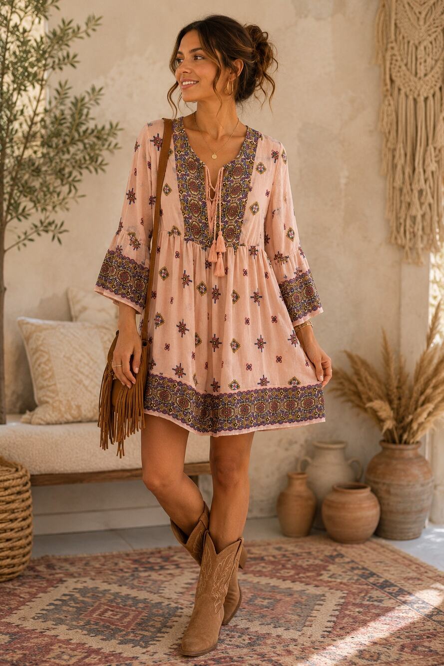 ECI New York Boho Peasant Dress Large Pink Tassel Border Print Festival